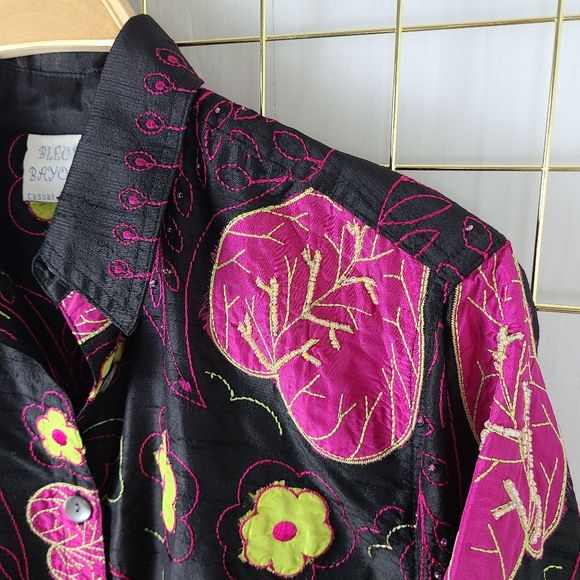 Blue Bayou Black Floral Embroidered Beaded Silk Art To Wear Boho Jacket - Picture 4 of 13